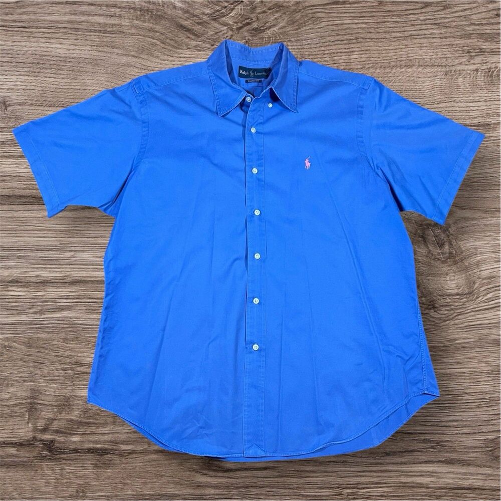 Vtg 90s Ralph Lauren Blue‎ Short Sleeve Collared Button Down Shirt Men’s XL